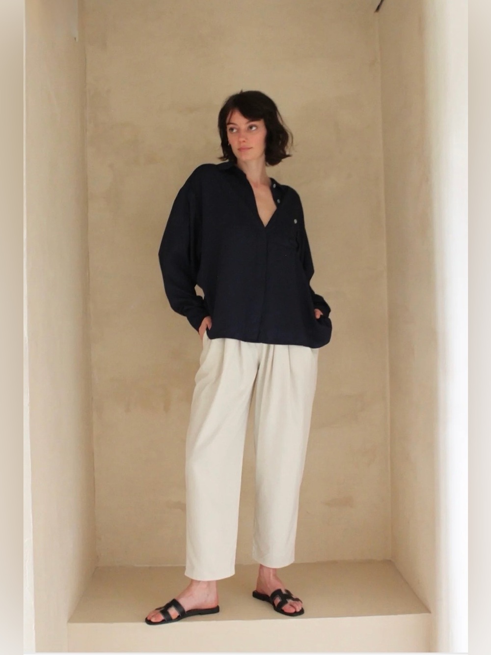NA NIN Lena Silk Canvas Pant In Cream Pleated Front Elastic Waist